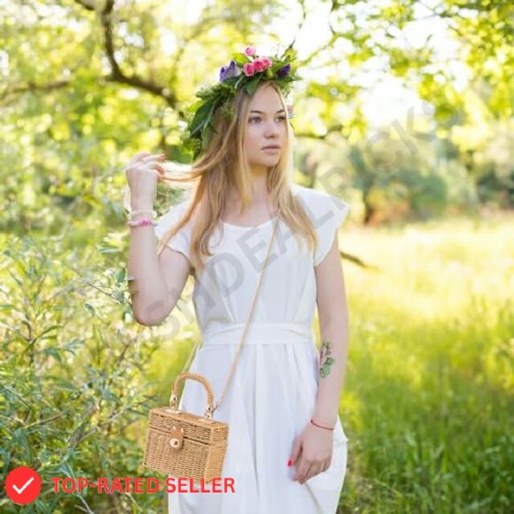 Vintage Rattan Crossbody Bag Handmade Wicker Tote Boho Chic Summer Beach - Picture 3 of 8